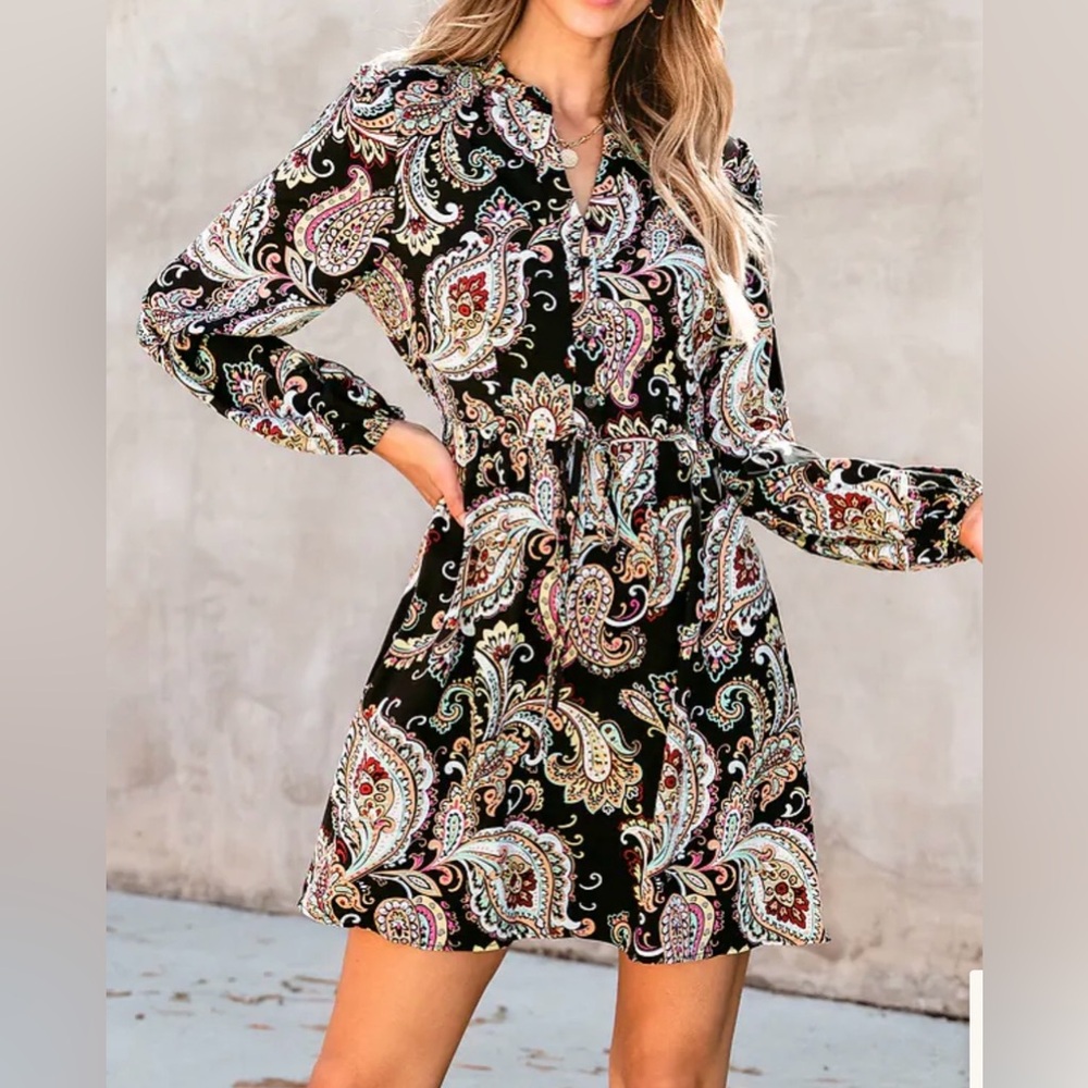 Cupshe Belted Paisley Print A-line Dress- medium - Picture 3 of 13